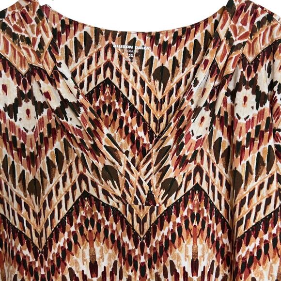 Allison Daley Woman Top 2X Brown Multicolor Mixed Print V-Neck Stretch Knit - Picture 2 of 7